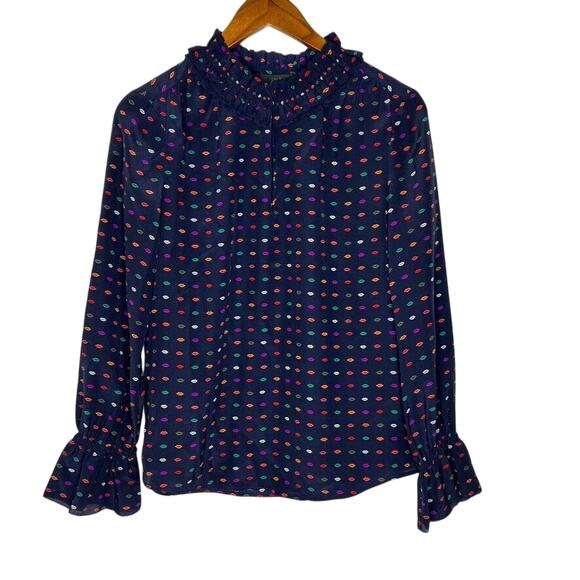 J Crew Women's Navy Ruffle Neck Blouse 2 Silk Colorful Polka Dot Print - Picture 1 of 8